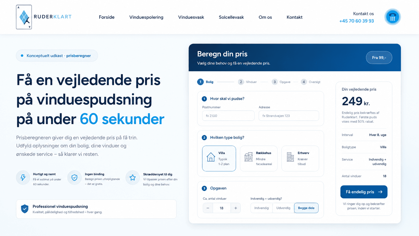 Prisberegner til vinduespudsning på hjemmeside
